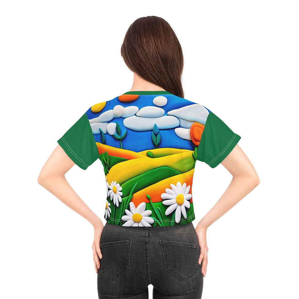 Thumbnail: Cropped Tee Field of Daisies Dark Green Sleeves