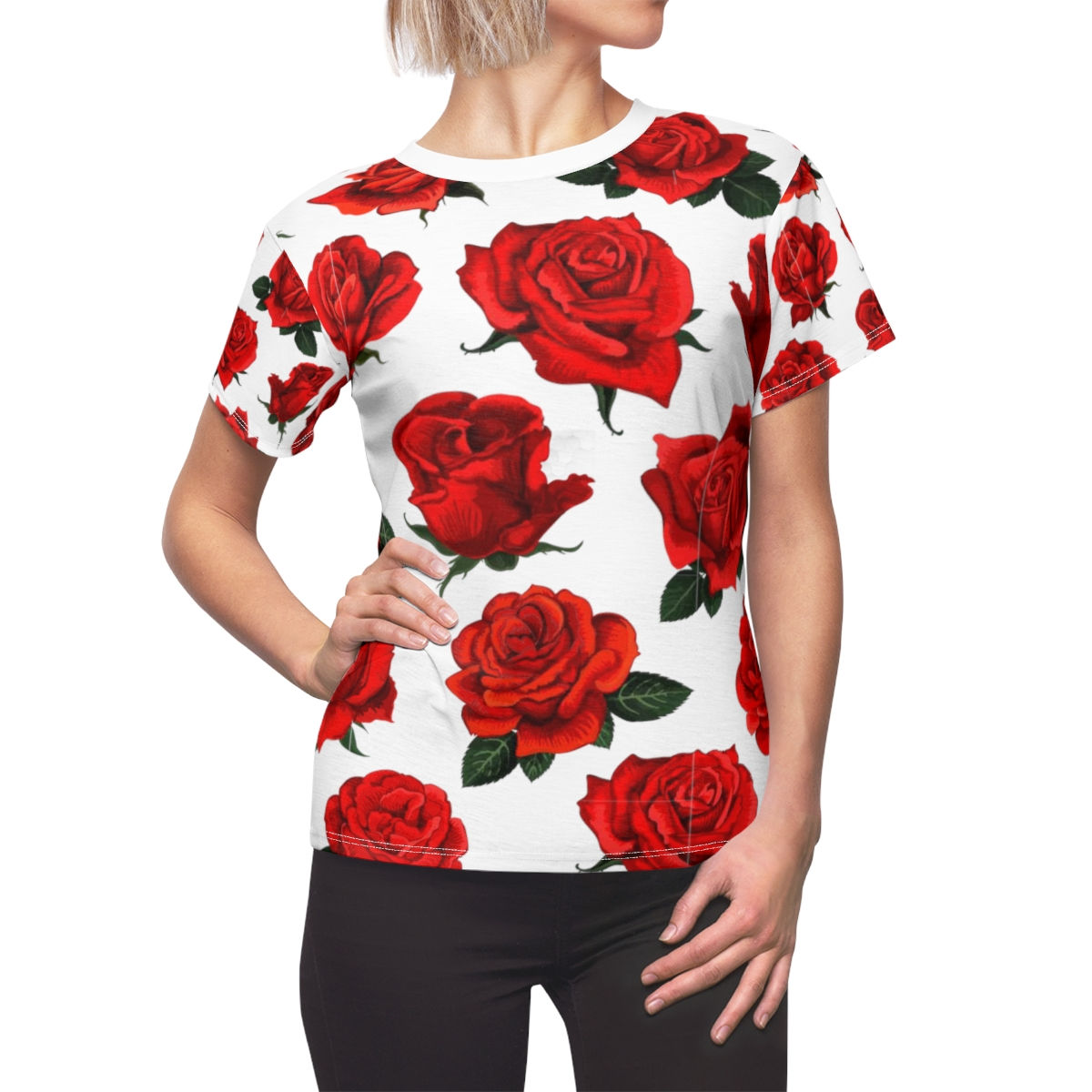 Women's T-Shirt White and Large Red Rose Pattern