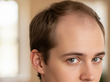 A young man with light brown hair showing early signs of a receding hairline and thinning hair at the crown. He is looking at the camera.