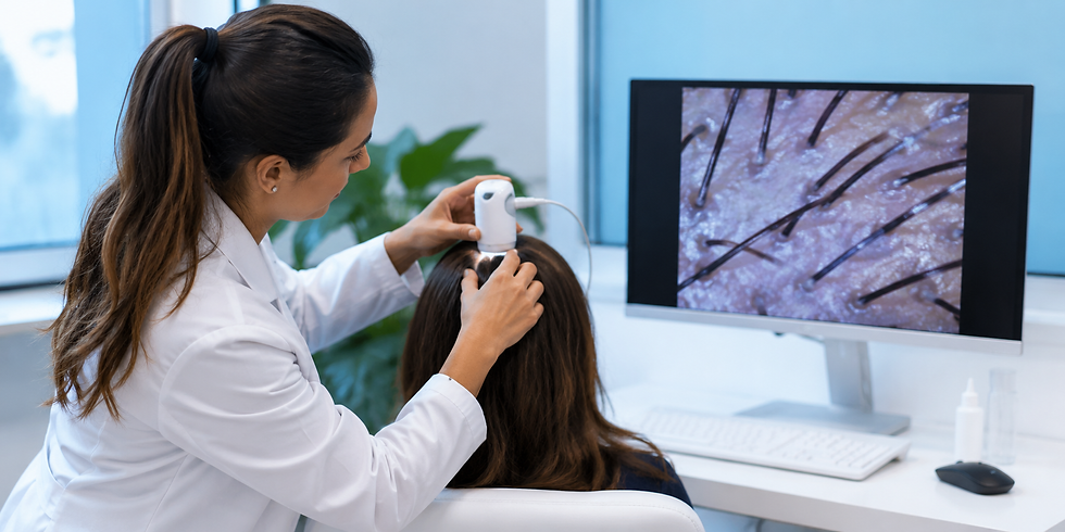 Professional scalp analysis using a digital trichoscope during a hair restoration consultation, showing healthy hair follicles and scalp condition to support personalized hair and scalp care.