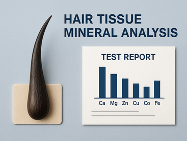 Realistic hair strand sample next to a clinical test report with a bar graph showing mineral levels including calcium, magnesium, zinc, copper, cobalt, and iron.
