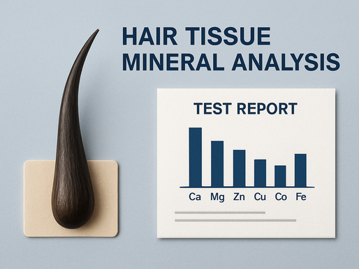Realistic hair strand sample next to a clinical test report with a bar graph showing mineral levels including calcium, magnesium, zinc, copper, cobalt, and iron.