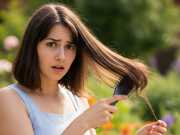 Person brushing hair and noticing extra hair strands during summer