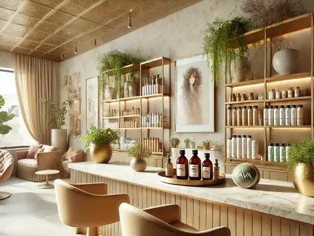 neutral colored salon setting with flowers and bottles of product with chairs