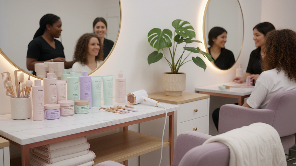 Close-up view of a salon workstation with vegan beauty products and professional tools