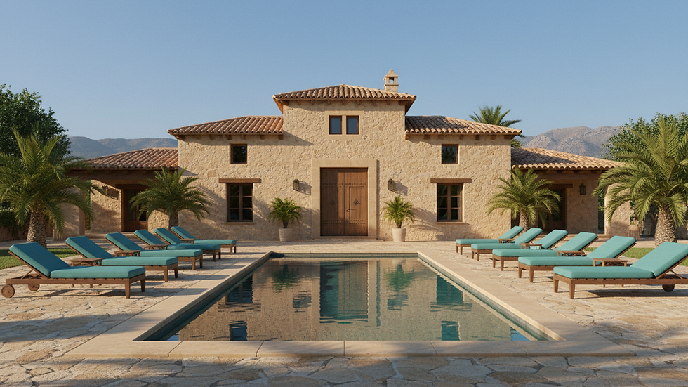 Eye-level view of a luxury Spanish villa with a clear blue sky