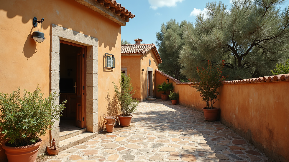 Close-up view of a rustic Spanish village house with traditional tiles and stone walls