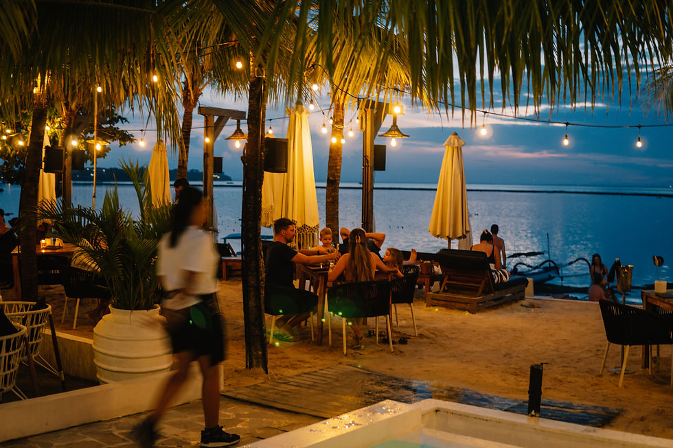 The terrace set for evening service at Ohana's, Nusa Lembongan