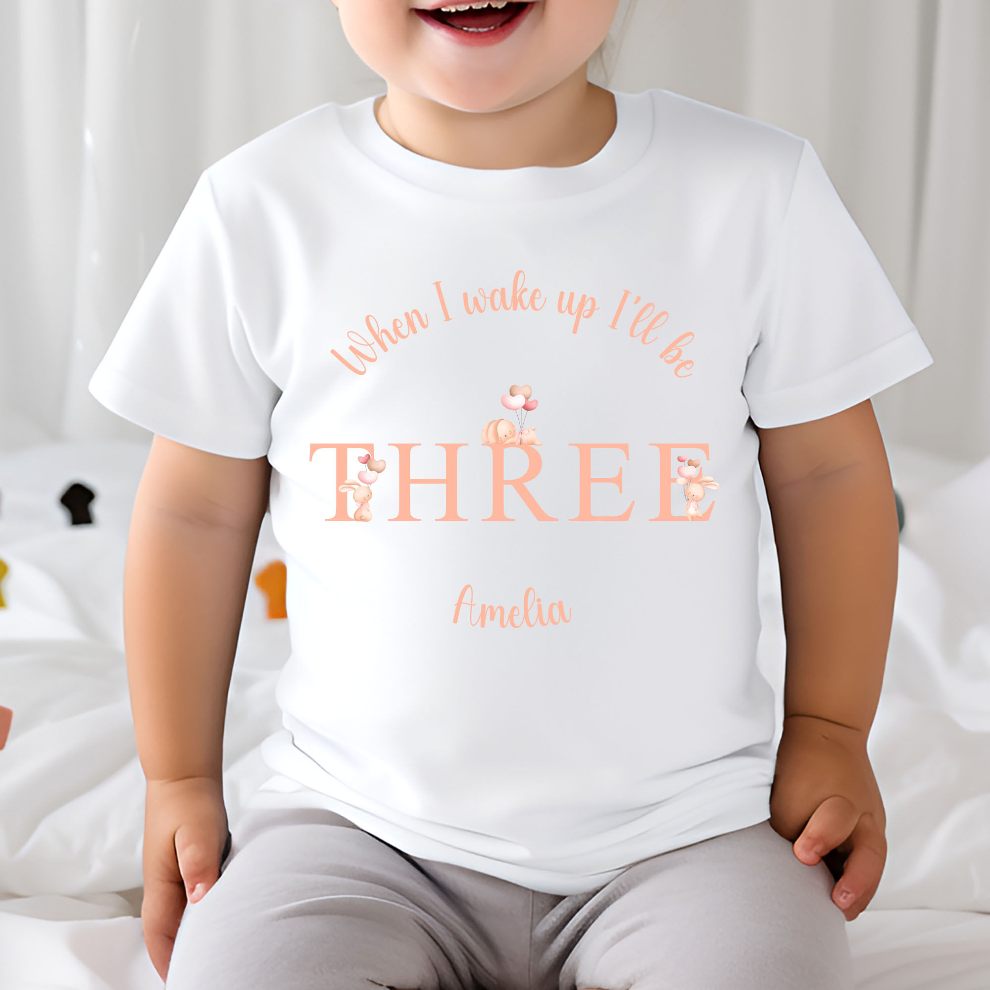 Personalised 3rd Birthday Bunny Pink - T shirt - When I Wake Up I'll Be Three