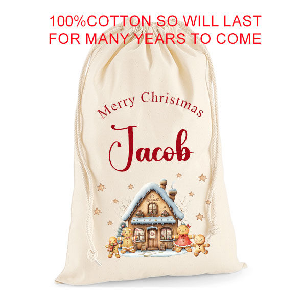 Thumbnail: Personalised Merry Christmas Gingerbread House Santa Sack