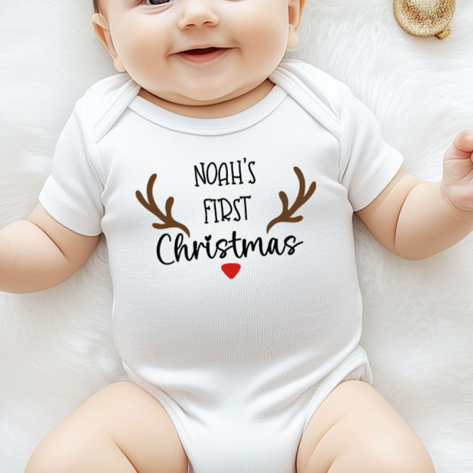 Personalised Antlers First Christmas Baby Vest, One Piece, Romper
