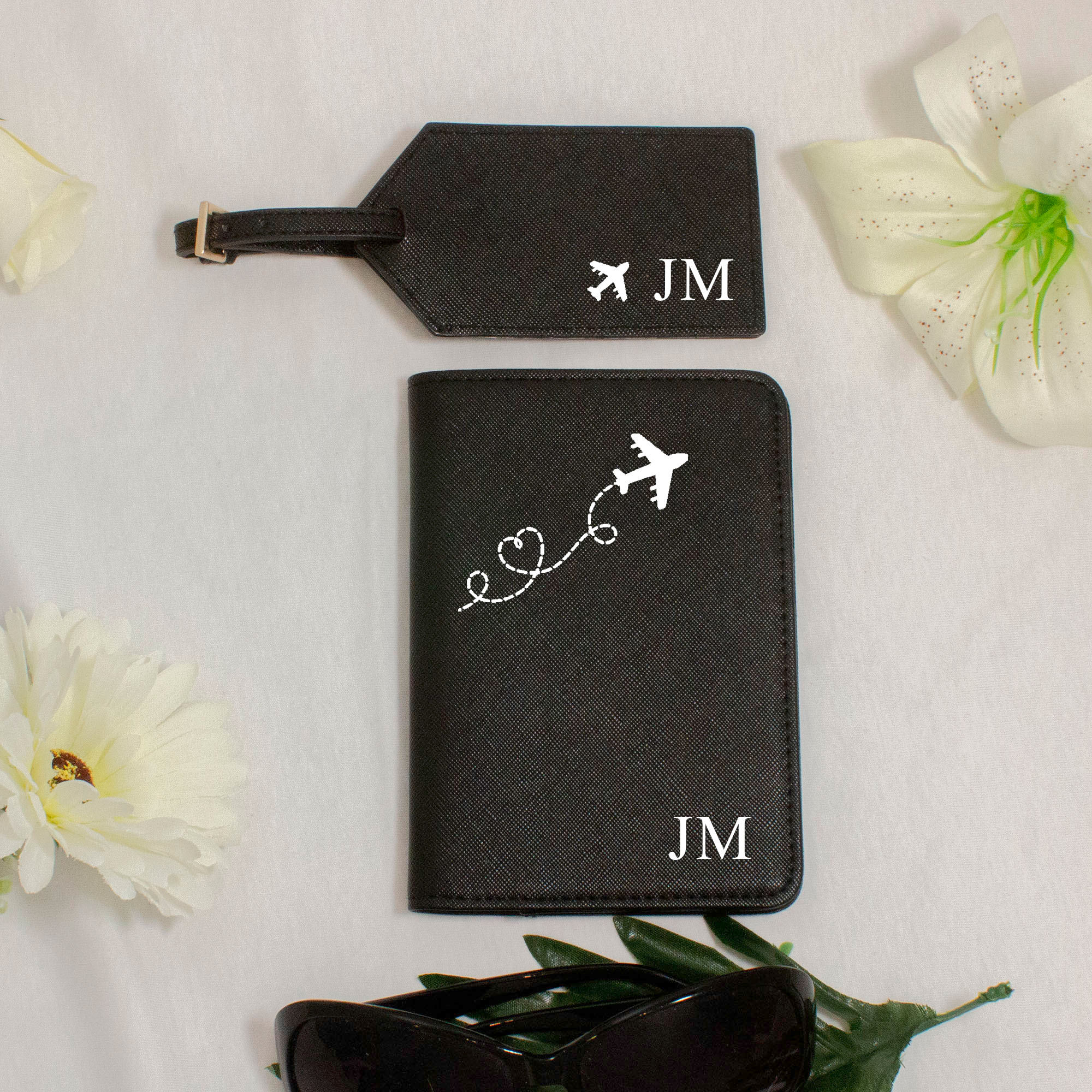 Personalised Black Initial and Plane Passport Holder and Luggage Label Set