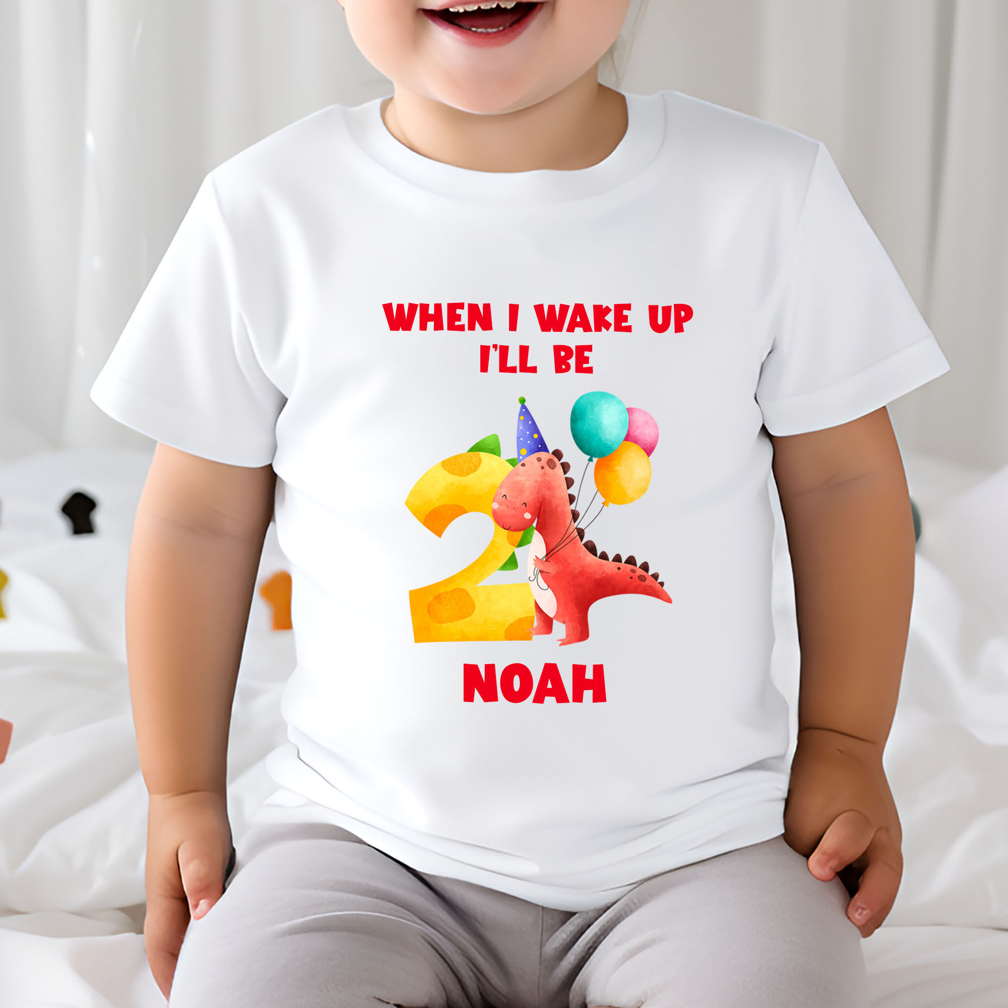 Personalised 2nd Birthday Dinosaur - T shirt - When I Wake Up I'll Be Two
