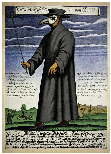 Paul Fürst, engraving (coloured), c. 1656, of a plague doctor of Marseilles (introduced as 'Dr Beaky of Rome').