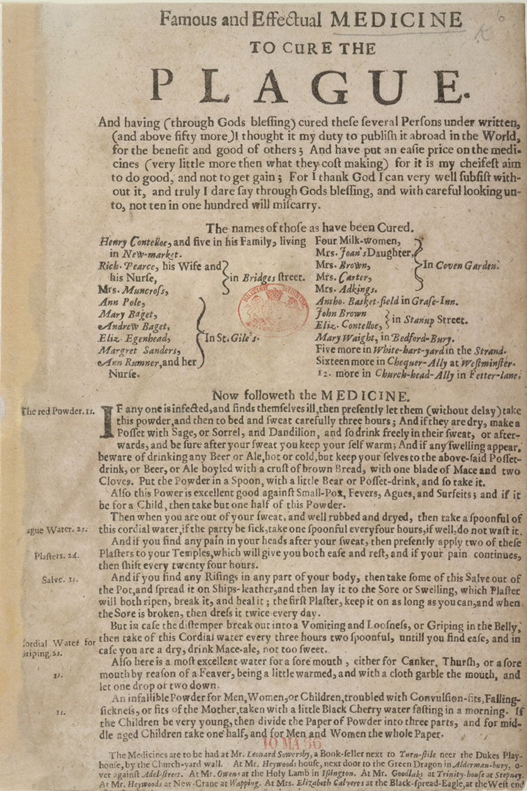 A 1665 Advertisement Promises a “Famous and Effectual” Cure for the Great Plague https://www.openculture.com/2020/04/a-1665-advertisement-promises-a-famous-and-effectual-cure-for-the-great-plague.html