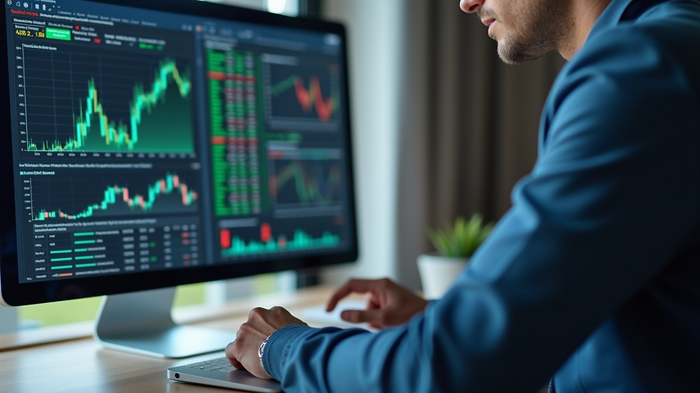 Close-up view of a financial professional analyzing data on a computer screen