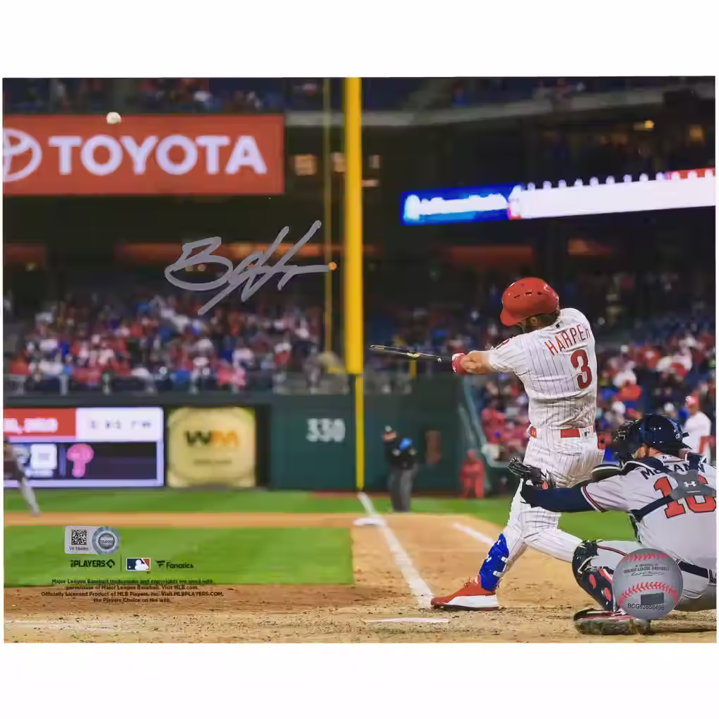 Bryce Harper Signed Philadelphia Phillies Launching in White Jersey 8 x 10 Photo