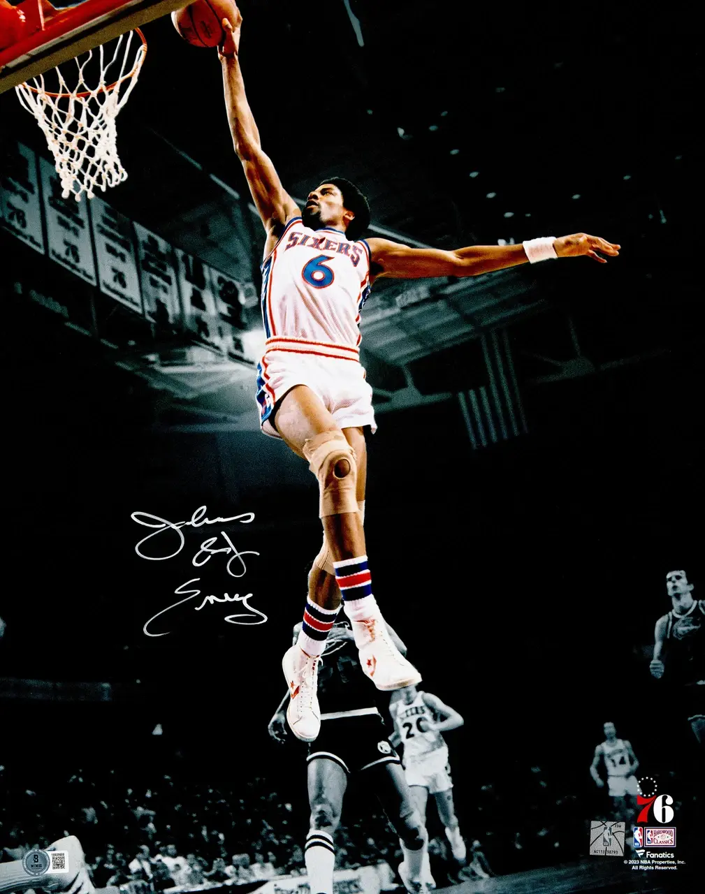 Julius "Dr. J" Erving Signed Philadelphia 76ers Dunking Spotlight 16x20 Photo