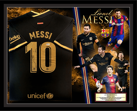 Lionel Messi Signed Barcelona Black and Gold Jersey Framed Sports Framing