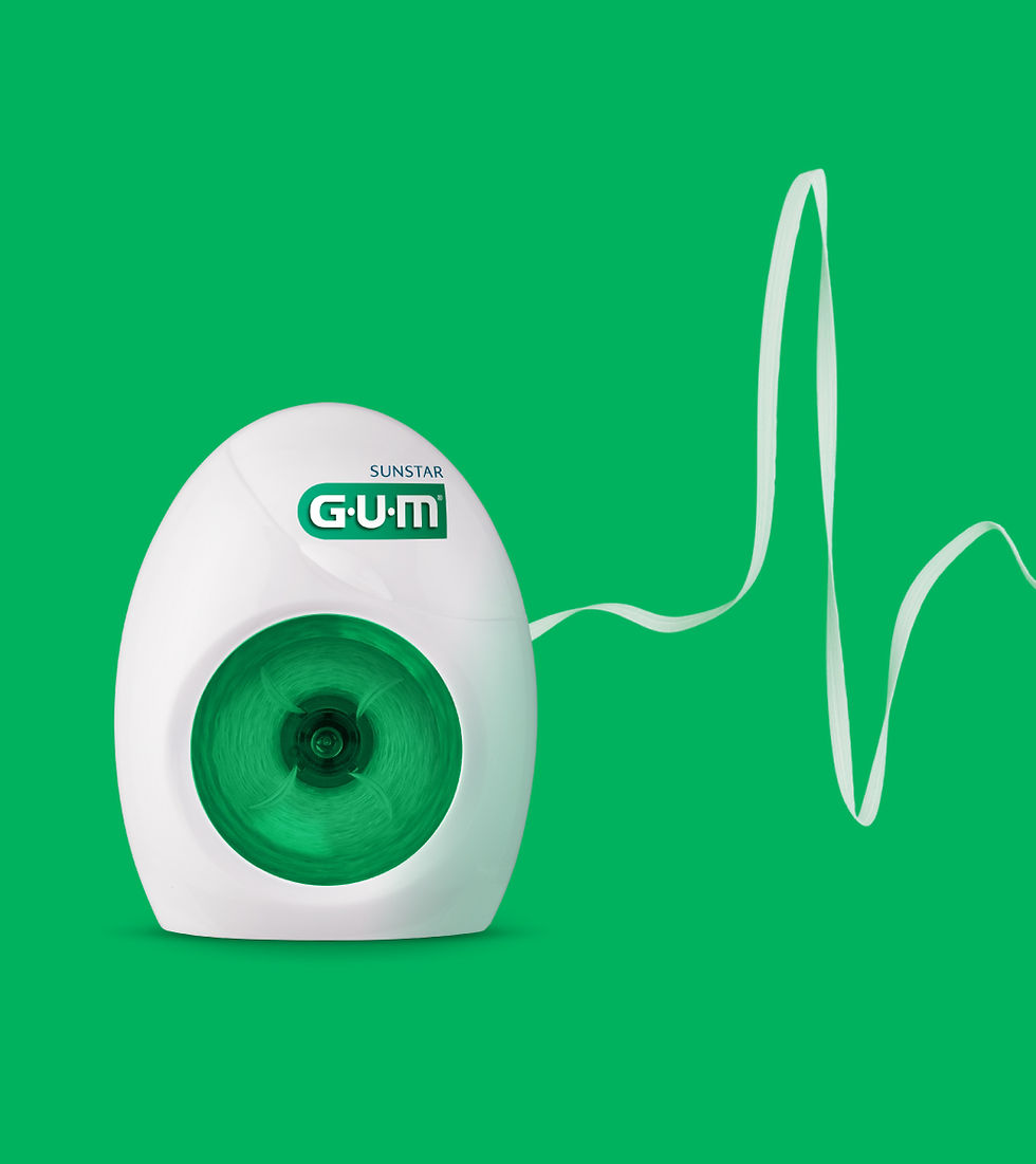 A pack of GUM dental floss against a solid green background.
