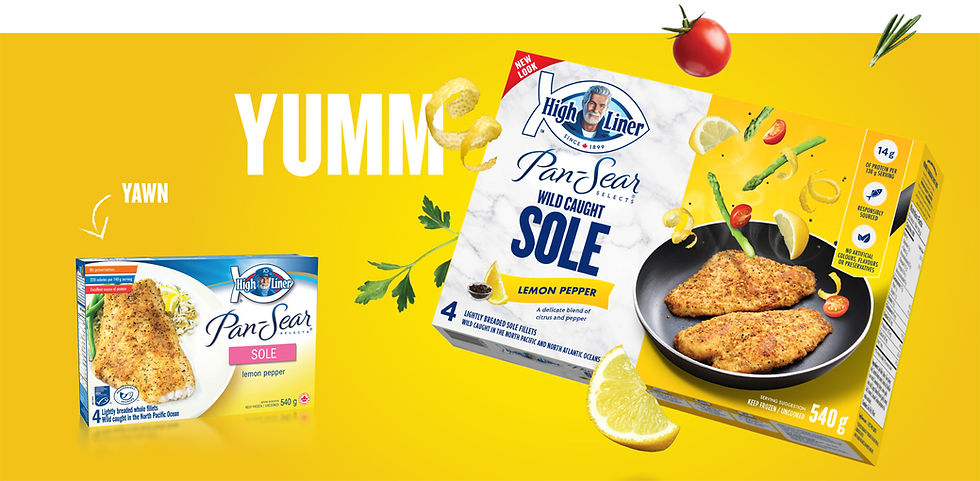 New and old packaging for High Liner Pan-Sear Sole against a yellow background.