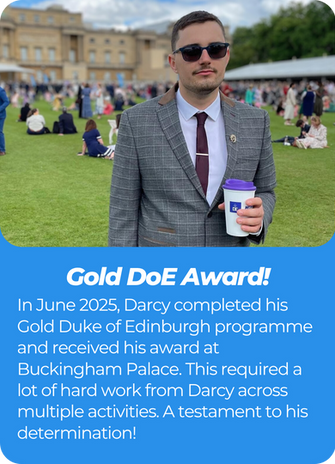 A picture of Darcy at Buckingham palace reviving his gold Duke of Edinburgh award. 