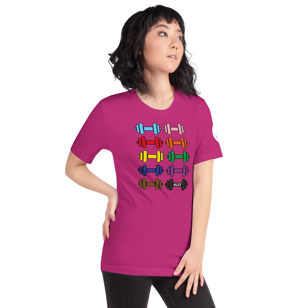 Thumbnail: ALLY - Women's Fitness T-Shirt - LGBTQ+ Rainbow Dumbbells