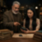 south asian man and east asian woman looking at stone