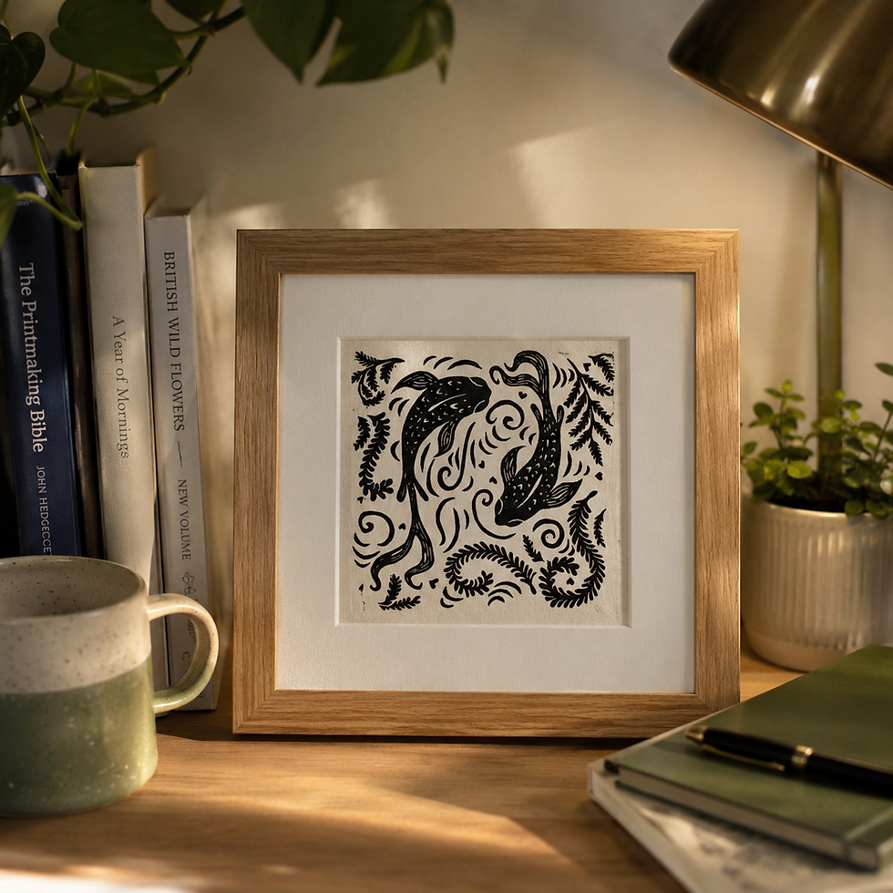 Thumbnail: Quiet Creatures — August, Two Koi Linocut Art Print