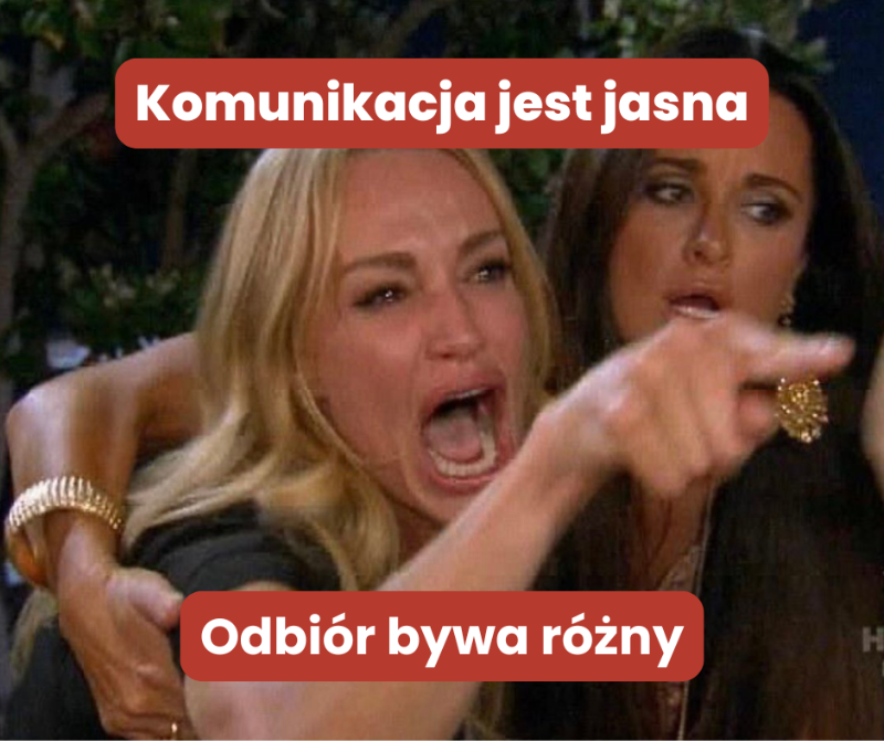 Mem przedstawiający zdenerwowaną blond kobietę wskazującą palcem, z nałożonymi napisami „Komunikacja jest jasna” oraz „Odbiór bywa różny”, ilustrujący różnicę między intencją komunikatu a jego odbiorem.