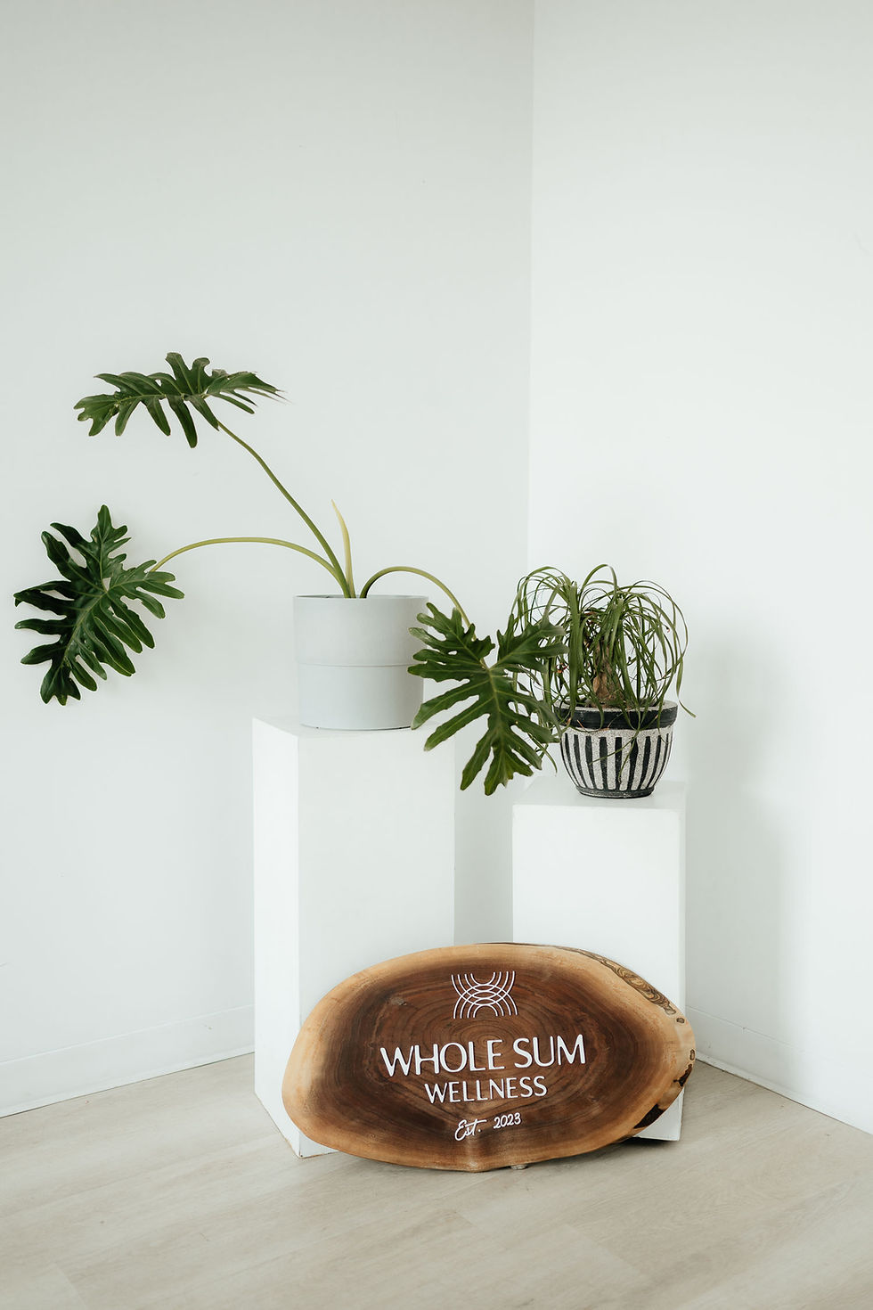 Whole Sum Wellness Logo on Live Edge Board