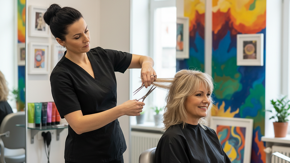 Close-up view of hair stylist cutting hair with scissors in a bright salon