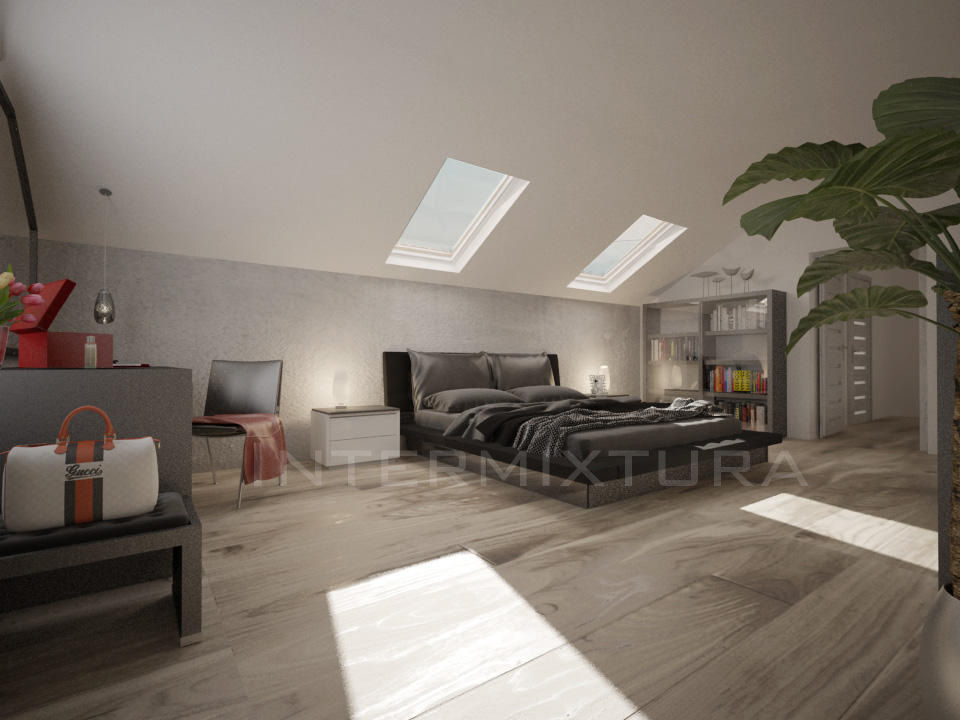 Fotorealistyczna wizualizacja 3D. Sypialnia, widok na łóżko.
