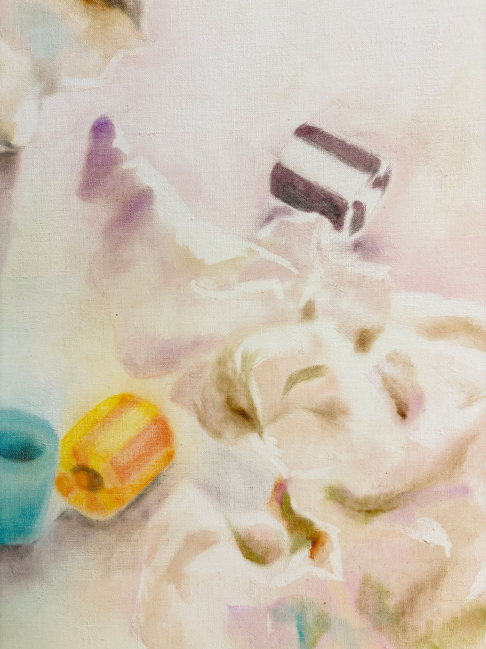 Detail of Post-Cereal, 2026, by Yuliya Vladkovska, showing enlarged pieces of popcorn beside a black-and-white striped bead and turquoise and yellow coloured beads on a pale field.