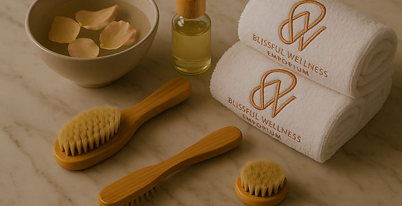 Blissful Wellness Emporium branded towels, body brushes, and body oil