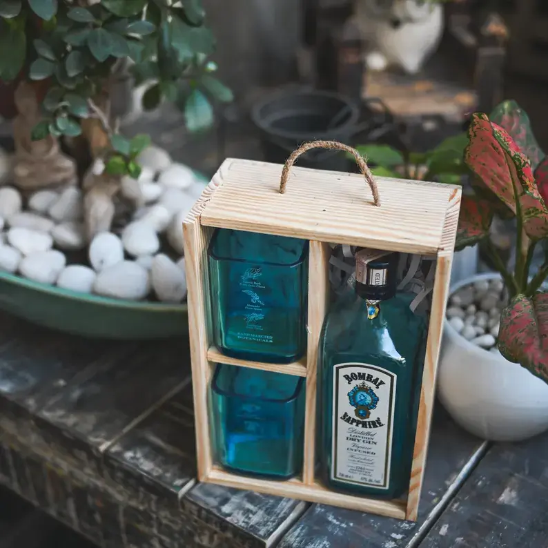 Thumbnail: Gift box Bombay Sapphire Gin Repurposed Blue Bottle Tall Glasses | Crafted from