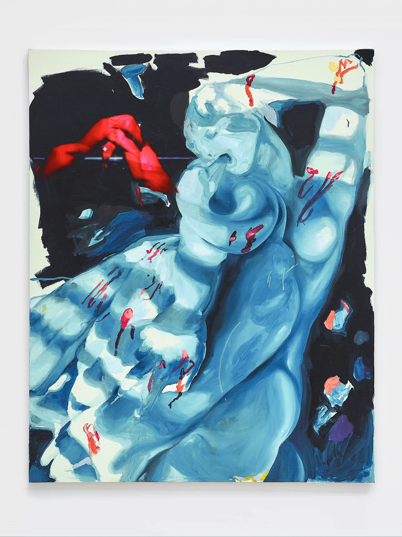Leda, 2019 Oil on canvas and video on holographic fan 60 x 48 inches