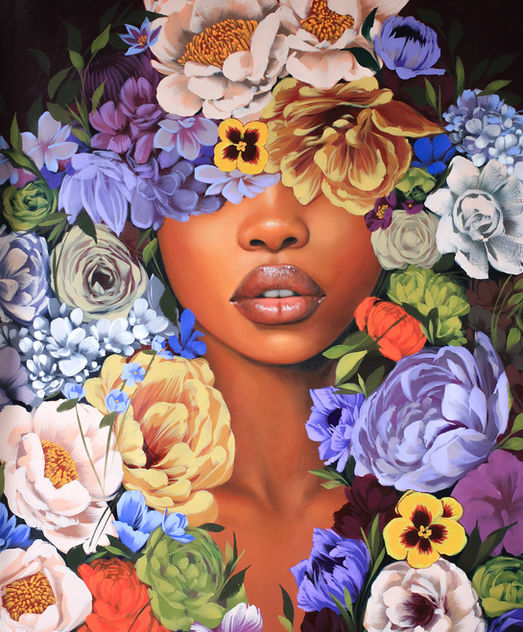 Modern floral portrait painting with expressive color by Sally K