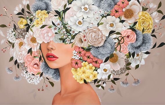 Contemporary female portrait painting with botanical elements by Sally K