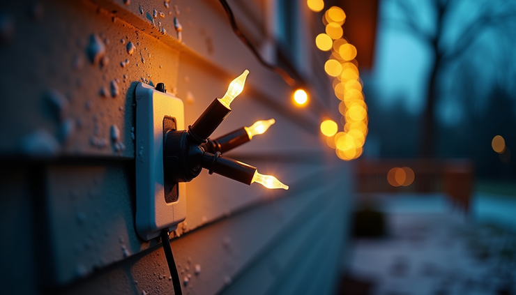 Eye-level view of outdoor Christmas lights plugged into a weatherproof outlet