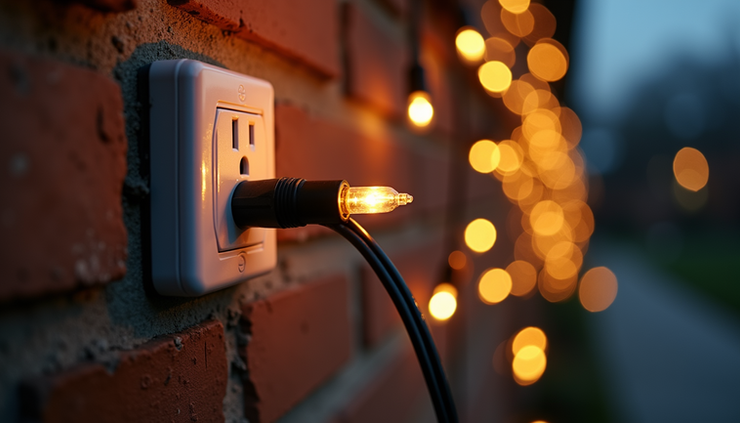 Close-up view of a GFCI outlet with Christmas lights plugged in safely
