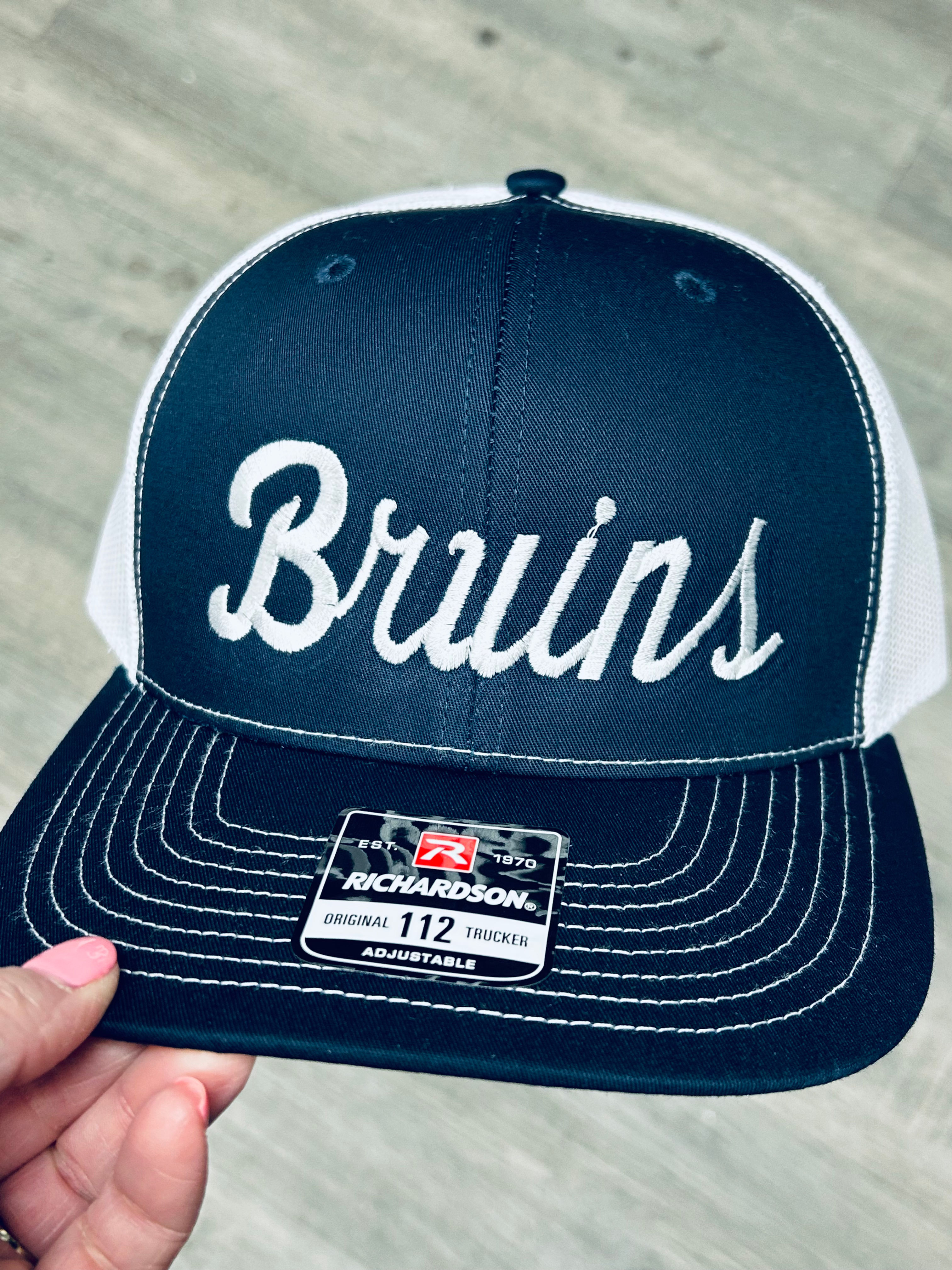 Navy and White Bruins Script Snapback Hat