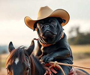 a black pug dog wearing a cowboy hat riding a horse using a rope.jpg