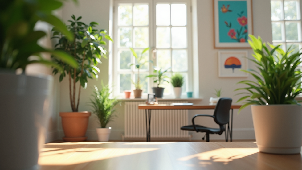 Eye-level view of a serene home office with plants and vibrant artwork