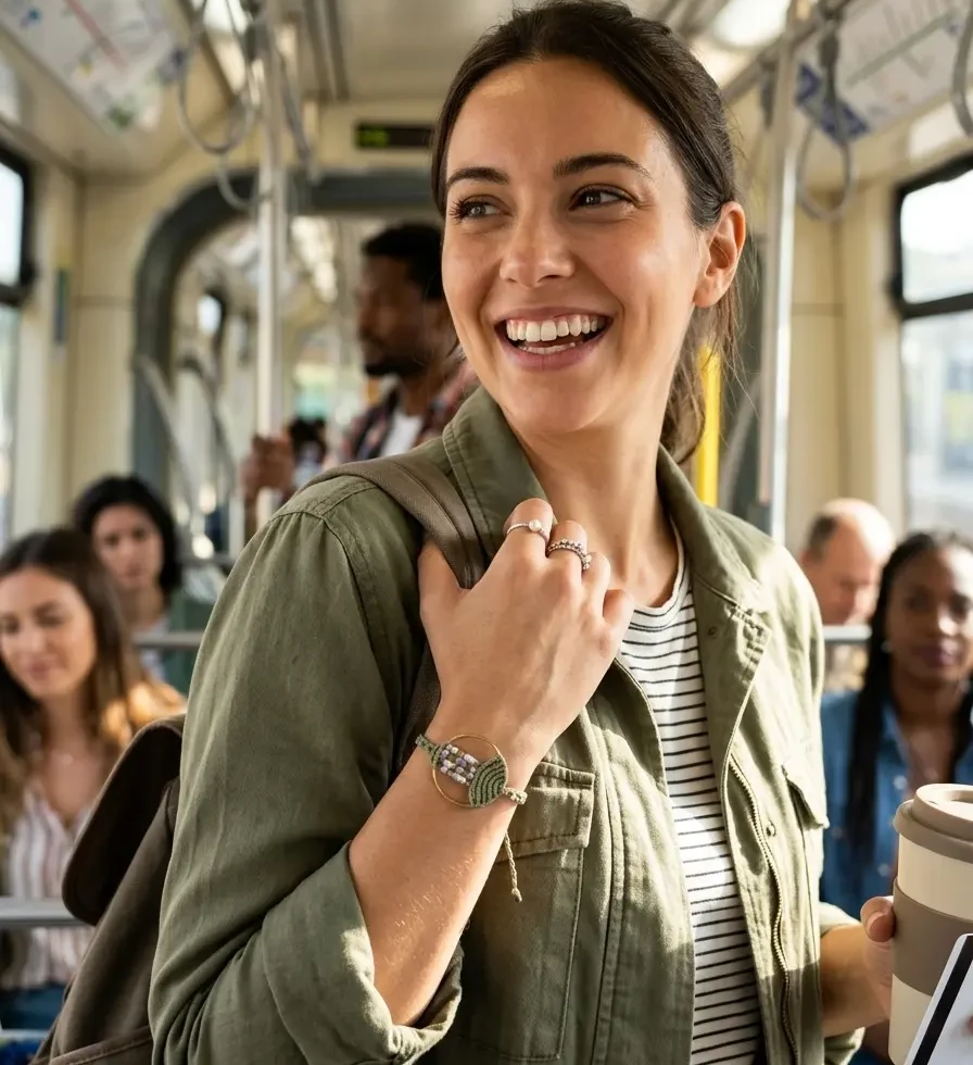 bracelet avec tissage macramé vert sauge au poignet d'une femme dans les transports en commun