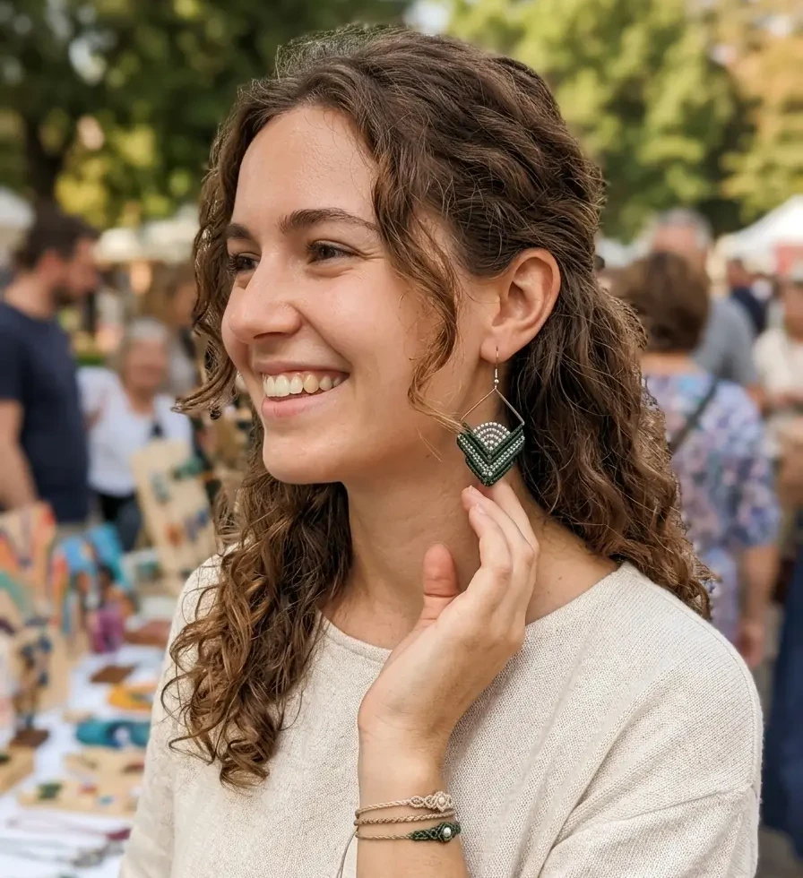jeune femme souriante, portant les boucles d'oreilles en macramé vert et perles argentées fait main à une foire artisanale