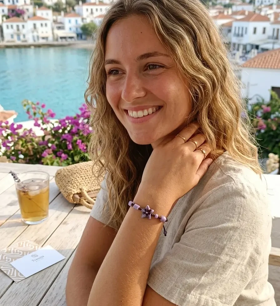 bracelet macramé étoile violet porcelaine porté poignet style bohème chic balcon vue mer tressia atelier