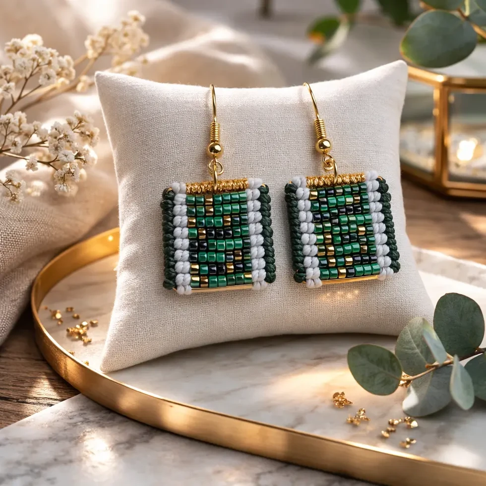 boucles d'oreilles Tessare Émeraude sur un petit coussin blanc, montrant le détail du tissage en perles vertes et dorées