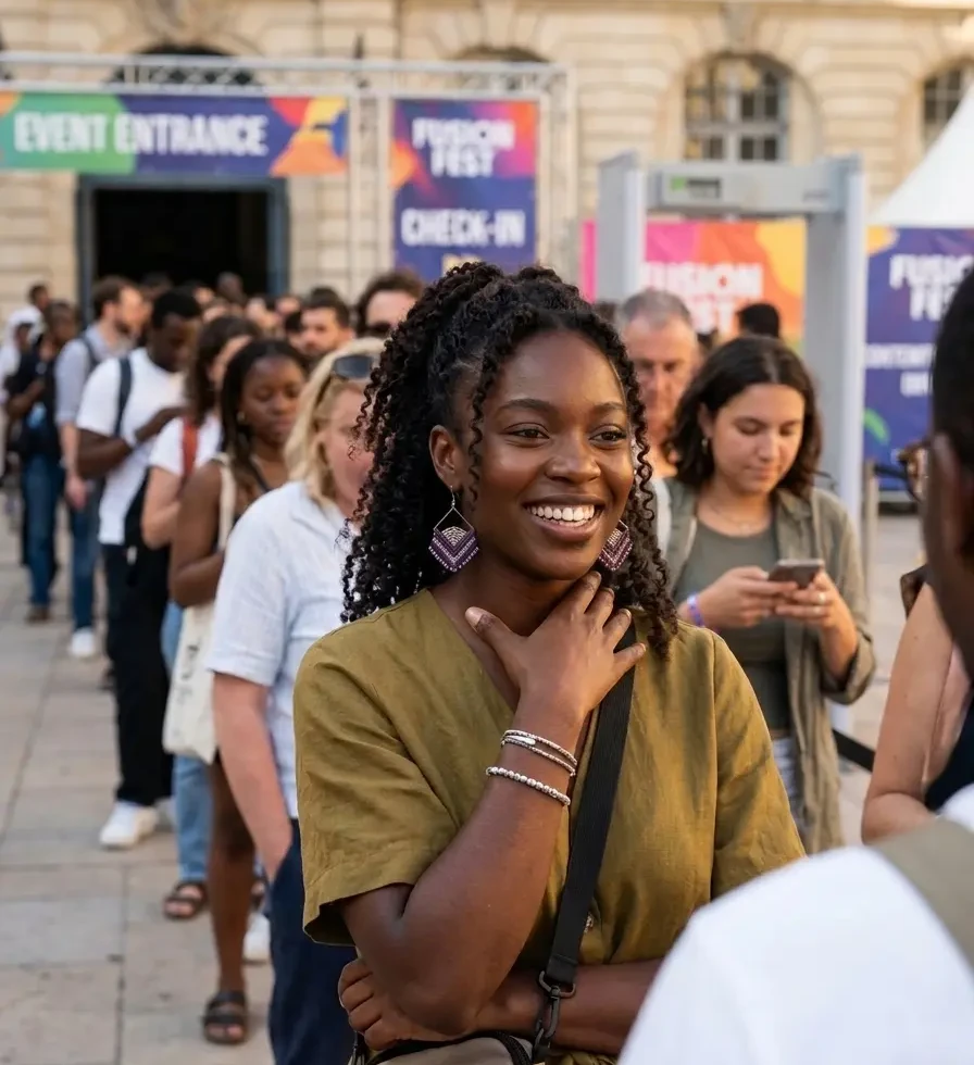 Femme souriante portant des boucles d'oreilles artisanales ISO violine qui fait la queue pour entrer dans un évènement