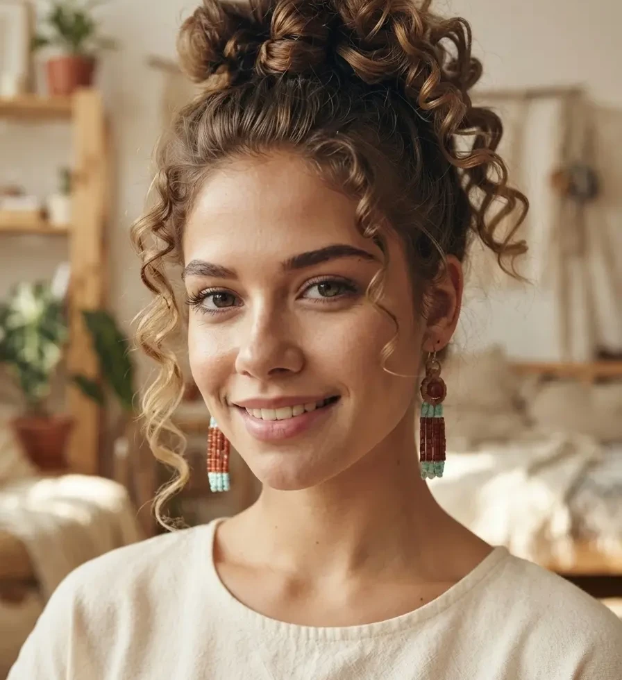 Jeune femme aux cheveux bouclés attachés, portant les boucles d'oreilles pendantes en macramé marron et turquoise